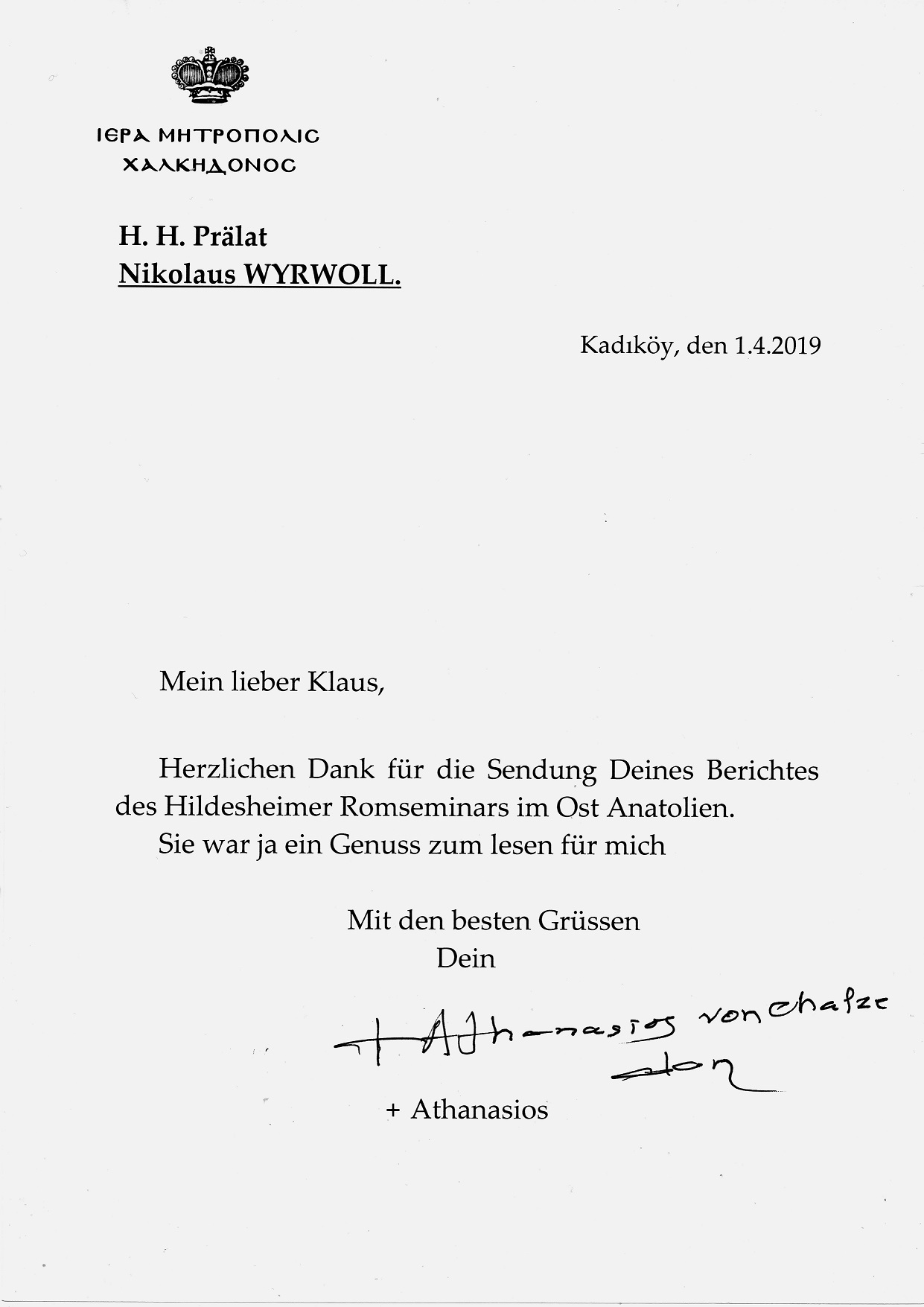 Brief von Metropolit Athanasios von Chalkedon